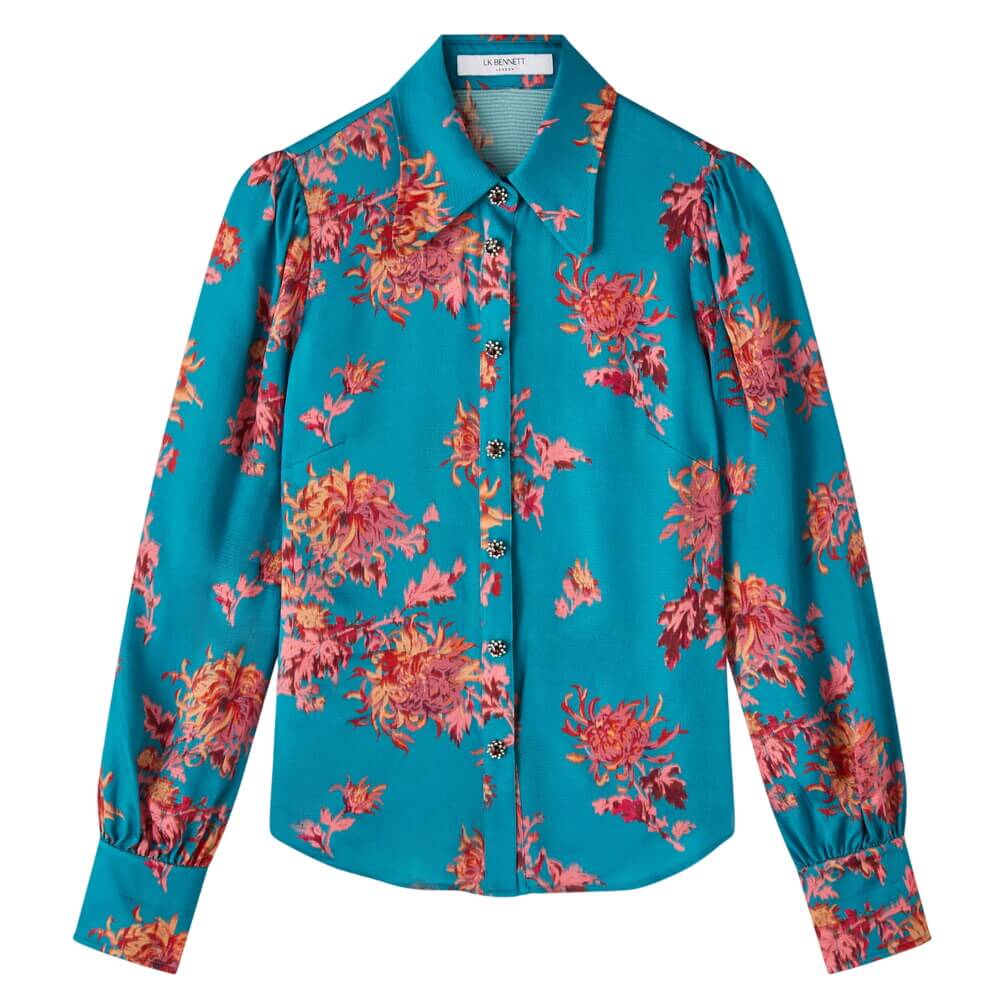 L.K. Bennett Sonya Blue Floral Viscose Silk Blouse